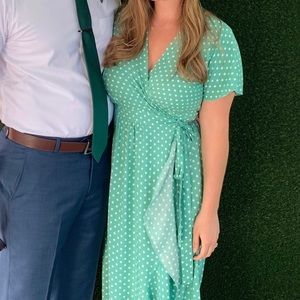 Green and white polka dot wrap dress